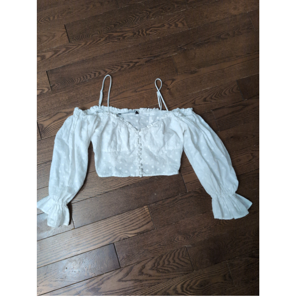 Zara Milkmaid Fairy Cottagecore White Cropped Top Women Sz S Button Up Sheer